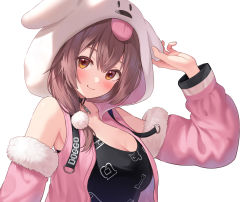 Rule 34 | 1girl, absurdres, animal hood, arm up, black shirt, blush, breasts, brown eyes, brown hair, cleavage, closed mouth, dog hood, hair between eyes, highres, hololive, hood, hood up, inugami korone, inugami korone (loungewear), jacket, long hair, long sleeves, looking at viewer, open clothes, open jacket, pink jacket, ruka tou, shirt, simple background, smile, solo, upper body, virtual youtuber, white background