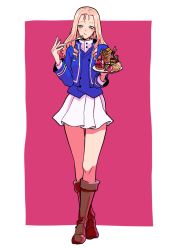 Rule 34 | 10s, 1girl, bc freedom military uniform, black footwear, blonde hair, blue eyes, blue jacket, blue vest, boots, cake, closed mouth, dessert, dress shirt, drill hair, eating, food, fork, fruit, full body, girls und panzer, high collar, highres, holding, jacket, kani aruki (bucket crawl), knee boots, long hair, long sleeves, looking at viewer, marie (girls und panzer), military, military uniform, miniskirt, outside border, pink background, plate, pleated skirt, shirt, skirt, smile, solo, standing, strawberry, uniform, vest, white shirt, white skirt