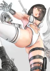 Rule 34 | armpits, ass, black hair, boots, breasts, dinosaur, gluteal fold, highres, one eye covered, original, thigh strap, thighhighs, thighs, yellow eyes, yoracrab