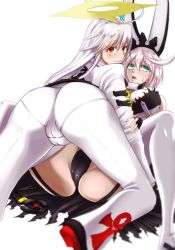Rule 34 | 2girls, ahoge, animal ears, aqua eyes, arc system works, ass, bare shoulders, belt, blush, bodysuit, boots, breasts, cameltoe, collar, dress, elphelt valentine, fingerless gloves, from behind, garter straps, gloves, gradient hair, guilty gear, guilty gear xrd, guilty gear xrd: revelator, halo, highres, incest, jack-o&#039; valentine, large breasts, legs, long hair, looking at viewer, looking back, multicolored hair, multiple girls, open mouth, orange eyes, panties, pantylines, pink hair, rabbit ears, shiny clothes, shiny skin, short hair, siblings, sisters, skin tight, smile, spiked collar, spikes, sweatdrop, thigh boots, thighhighs, underwear, very long hair, view between legs, wunderbar048, yuri