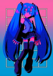 Rule 34 | 1girl, bare shoulders, black skirt, blue eyes, blue footwear, blue hair, blue nails, blue necktie, boots, closed blue (vocaloid), detached sleeves, fingernails, gradient background, grid, grid background, hair between eyes, hatsune miku, highres, long hair, menma (enaic31), nail polish, necktie, skirt, sleeves past wrists, solo, thigh boots, twintails, very long hair, vocaloid