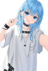 Rule 34 | 1girl, :t, anz32, black nails, blue eyes, blue hair, closed mouth, collarbone, commentary, ear piercing, hair between eyes, hair ornament, hairclip, hand up, jewelry, long hair, looking at viewer, mouth hold, nail polish, original, piercing, reaching, ring, shirt, short sleeves, simple background, solo, symbol-only commentary, twitter username, v, wavy mouth, white background, white shirt, wide sleeves