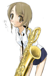 Rule 34 | 1girl, brown eyes, brown hair, instrument, leaning forward, looking at viewer, music, original, saxophone, simple background, solo, white background