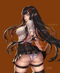 Rule 34 | 1girl, ass, belt, black hair, breasts, brown background, eyebrows hidden by hair, fingerless gloves, gloves, hair ribbon, highres, holding, holding weapon, katana, leg belt, long hair, looking at viewer, looking back, mad kimo, nail polish, original, pointing, purple eyes, ribbon, school uniform, shirt, simple background, skirt, solo, sword, underwear, weapon