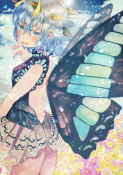 Rule 34 | 1girl, alternate costume, animal print, antennae, aqua eyes, aqua hair, backless dress, backless outfit, bare back, black dress, blue eyes, blue wings, blush, bug, butterfly, butterfly print, butterfly wings, culotte (hosenrock), dress, eternity larva, fairy, hair ornament, highres, insect, insect wings, leaf, leaf hair ornament, leaf on head, looking at viewer, multicolored wings, open mouth, short sleeves, smile, solo, touhou, wings