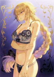 Rule 34 | 1girl, absurdres, bare arms, bare shoulders, blonde hair, blue eyes, blush, bow, bow bra, bow panties, bra, braid, breasts, cleavage, collarbone, fate/apocrypha, fate/grand order, fate (series), hair bow, hair ornament, highres, jeanne d&#039;arc (fate), lingerie, long hair, mashuu (neko no oyashiro), medium breasts, navel, panties, parted lips, ribbon, scan, simple background, single braid, solo, stomach, thighs, underwear
