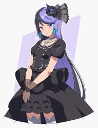 Rule 34 | 1girl, alternate costume, black dress, black gloves, black hair, blue hair, breasts, carron (pretty series), carron (rabbit) (pretty series), character hair ornament, closed mouth, commentary request, cowboy shot, dolldolldd, dress, frilled dress, frills, gloves, hair ornament, highres, jewelry, korean commentary, long hair, looking at viewer, medium breasts, multicolored hair, necklace, own hands together, pretty series, puffy short sleeves, puffy sleeves, purple eyes, purple hair, see-through gloves, short sleeves, smile, solo, standing, thighhighs, very long hair, waccha primagi!, white thighhighs
