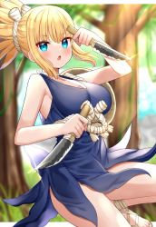 Rule 34 | 1girl, blonde hair, blue dress, blue eyes, blush, breasts, dr. stone, dress, highres, holding, holding knife, holding weapon, knife, kohaku (dr. stone), large breasts, looking at viewer, mizukoshi (marumi), open mouth, ponytail, solo, tree, weapon