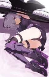 Rule 34 | 1girl, ahoge, arm up, armor, armored boots, armored dress, armpits, ass, bad id, bad twitter id, bare shoulders, blush, boots, breasts, dress, elbow gloves, fate/grand order, fate (series), from behind, full body, gloves, highres, impossible clothes, knee boots, looking at viewer, lying, mash kyrielight, medium breasts, miruto netsuki, on side, panties, pantyshot, pink hair, purple dress, purple footwear, purple gloves, shield, short hair, skindentation, sleeveless, sleeveless dress, solo, thigh strap, underwear, upskirt