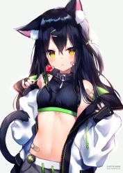 Rule 34 | 1girl, absurdres, animal ear fluff, animal ears, bandaid, bandaid on cheek, bandaid on face, bandaid on shoulder, bandaid on stomach, bare shoulders, black hair, black shirt, breasts, candy, cat ears, cat girl, cat tail, crop top, food, hair between eyes, hair ornament, hairclip, hands up, heart, heart-shaped lollipop, highres, holding, jacket, lollipop, long hair, looking at viewer, midriff, mole, mole under eye, nail polish, navel, off shoulder, one side up, open clothes, open jacket, original, ribbed shirt, shaped lollipop, shirt, shouu-kun, simple background, sleeveless, sleeveless shirt, sleeveless turtleneck, slit pupils, small breasts, solo, stomach, tail, tsurime, turtleneck, upper body, white background, white jacket, yellow eyes