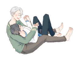 Rule 34 | 2boys, bad id, bad pixiv id, barefoot, between legs, black-framed eyewear, black hair, black pants, brown pants, closed eyes, facing away, full body, glasses, green shirt, grey hair, half-closed eyes, hands up, holding hands, ima (minitomato123), katsuki yuuri, legs up, light blush, light smile, long sleeves, looking afar, lying, lying on person, male focus, multiple boys, on back, on floor, pants, parted lips, profile, scratches, shirt, simple background, sitting, sleeves past wrists, striped clothes, striped shirt, toenails, viktor nikiforov, white background, white shirt, yaoi, yuri!!! on ice