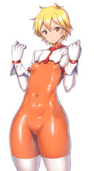Rule 34 | 1girl, blonde hair, bodysuit, breasts, commentary request, covered erect nipples, covered navel, cowboy shot, elbow gloves, gloves, groin, hands up, head tilt, impossible bodysuit, impossible clothes, latex, looking at viewer, nagase haruhito, orange bodysuit, original, parted lips, red eyes, shiny clothes, short hair, short sleeves, shrug (clothing), simple background, skin tight, small breasts, solo, standing, thick thighs, thighhighs, thighs, turtleneck, white background, white gloves, white thighhighs, wide hips, zipper, zipper pull tab
