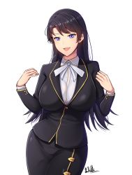 Rule 34 | 1girl, :d, artist name, band-width, black hair, black jacket, black skirt, blazer, blue eyes, breasts, dress shirt, highres, jacket, large breasts, long hair, long sleeves, looking at viewer, office lady, open mouth, original, parted bangs, pencil skirt, shirt, simple background, skirt, smile, solo, white background, white neckwear, white shirt