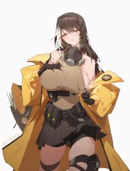 Rule 34 | 1girl, areola slip, bare shoulders, belt, black gloves, black hair, black skirt, blush, breasts, coat, cowboy shot, gas mask, girls&#039; frontline, gloves, heterochromia, highres, large breasts, long hair, looking at viewer, mask, mask around neck, multicolored hair, red eyes, ro635 (girls&#039; frontline), ro635 (mod3) (girls&#039; frontline), simple background, skirt, solo, streaked hair, sweater vest, trove, twitter, white background, white hair, yellow coat, yellow eyes