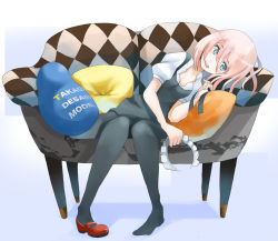Rule 34 | 1girl, blue eyes, breasts, cleavage, couch, hairband, maid, maid headdress, original, pantyhose, pillow, pink hair, single shoe, solo, takagi (tansuke), tansuke, thighhighs