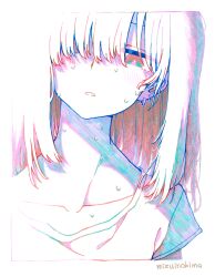 Rule 34 | 1girl, absurdres, artist name, blending, blush, border, bright pupils, collarbone, colored shadow, colorful, commentary request, ear piercing, earrings, hair over one eye, half-closed eyes, highres, jewelry, long bangs, long hair, looking down, mizuinokima, original, parted lips, piercing, portrait, shadow, shirt, short sleeves, solo, straight-on, sweat, t-shirt, very sweaty, white background