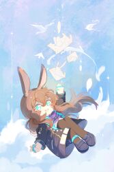 Rule 34 | 1girl, :d, amiya (arknights), animal, animal ears, arknights, bird, black footwear, black jacket, blue eyes, blue skirt, brown hair, brown pantyhose, chibi, cloud, commentary request, envelope, hair between eyes, highres, hood, hood down, hooded jacket, jacket, loafers, long hair, midair, open clothes, open jacket, open mouth, outstretched arm, pantyhose, pleated skirt, rabbit ears, shirt, shoes, skirt, smile, solo, sxinying67940, very long hair, white shirt