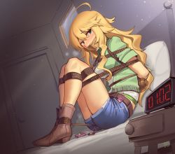 Rule 34 | 1girl, absurdres, ahoge, arms behind back, bdsm, blonde hair, blush, bondage, bound, box tie, cad (caddo), female focus, full body, gag, gagged, green eyes, highres, hoshii miki, idolmaster, idolmaster (classic), improvised gag, indoors, kaddo, kidnapped, long hair, looking at viewer, restrained, sex toy, shibari, shibari over clothes, short shorts, shorts, solo, tape, tape gag, taped hands, vibrator