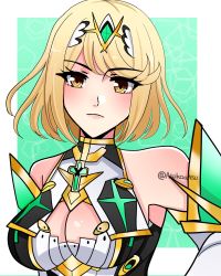 Rule 34 | 1girl, alternate hair length, alternate hairstyle, asukaaasuu, bare shoulders, blonde hair, breasts, chest jewel, cleavage, closed mouth, earrings, gem, headpiece, highres, jewelry, large breasts, looking at viewer, mythra (xenoblade), short hair, solo, tiara, tsundere, xenoblade chronicles (series), xenoblade chronicles 2, yellow eyes