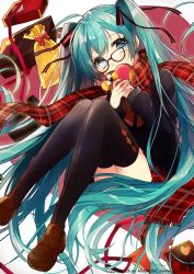 Rule 34 | 1girl, aqua eyes, aqua hair, bespectacled, gift, glasses, hair ribbon, hatsune miku, loafers, red-framed eyewear, ribbon, scarf, shoes, sitting, sogawa66, solo, sweater, thighhighs, twintails, valentine, vocaloid