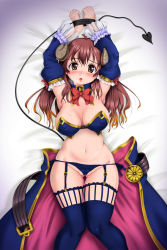Rule 34 | 1girl, ahoge, blush, bound, bound wrists, bow, bowtie, breasts, breath, brown eyes, brown hair, cleavage, curled horns, demon girl, demon horns, demon tail, detached collar, detached sleeves, highres, horns, large breasts, long hair, looking at viewer, lying, machikado mazoku, navel, nekohane ryou, on back, open mouth, red bow, red bowtie, revealing clothes, solo, sweat, tail, thighhighs, yoshida yuuko (machikado mazoku)