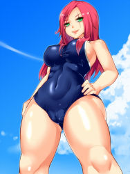 Rule 34 | 1girl, alternate costume, breasts, cloud, covered navel, day, green eyes, hand on own hip, huge breasts, katarina (league of legends), league of legends, lips, long hair, looking at viewer, mocco (mocco san1), one-piece swimsuit, red hair, scar, scar across eye, scar on face, sky, smile, solo, swimsuit