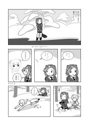 Rule 34 | 2girls, animal ears, beaver ears, beaver tail, comic, day, eurasian beaver (kemono friends), greyscale, hair ornament, hairclip, highres, inada roku, jacket, kemono friends, long sleeves, looking at another, medium hair, monochrome, multiple girls, outdoors, shorts, skirt, snow, standing, stoat (kemono friends), tail, translation request, walking, weasel ears, weasel girl, weasel tail