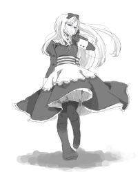 Rule 34 | 1girl, apron, bad drawr id, bad id, blue eyes, boots, bow, breasts, character request, closed mouth, copyright request, dress, full body, gloves, greyscale, hair bow, hair ribbon, hand on own face, long hair, looking at viewer, monochrome, oekaki, pantyhose, pego (peco peco), ribbon, shadow, small breasts, solo, spot color, standing