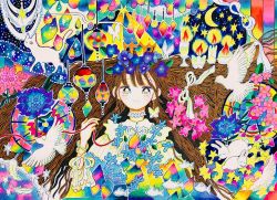 Rule 34 | 050505si, 1girl, abstract, animal, bad id, bad twitter id, bird, blue flower, blush, brown hair, candle, cat, collar, colorful, crescent, crescent moon, crown, fish, flower, long hair, looking at viewer, moon, no nose, one eye closed, original, pink flower, rabbit, smile, solo, star (symbol), surreal, upper body, very long hair, white bird, white cat, yellow eyes