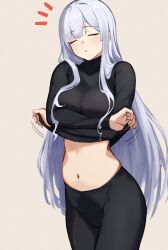 Rule 34 | 1girl, 3 small spiders, absurdres, ak-12 (girls&#039; frontline), black pants, black shirt, blush, brown background, closed eyes, clothes lift, commentary request, cowboy shot, girls&#039; frontline, highres, long hair, long sleeves, navel, pants, parted lips, shirt, shirt lift, simple background, solo, stomach, very long hair, white hair