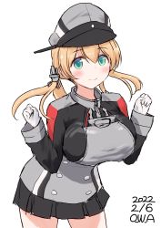 Rule 34 | 1girl, anchor hair ornament, aqua eyes, black skirt, blonde hair, breasts, dated, gloves, hair ornament, hat, highres, kantai collection, large breasts, leaning forward, long hair, looking at viewer, low twintails, microskirt, military, military uniform, one-hour drawing challenge, owa (ishtail), peaked cap, pleated skirt, prinz eugen (kancolle), skirt, solo, twintails, twitter username, uniform, white gloves