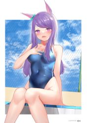 Rule 34 | 1girl, absurdres, animal ears, blue one-piece swimsuit, bow, breasts, chain-link fence, covered navel, ear ribbon, fang, fence, hand on own chest, highleg, highleg swimsuit, highres, horse ears, horse girl, kebohan, long hair, looking at viewer, mejiro mcqueen (umamusume), one-piece swimsuit, purple eyes, purple hair, school swimsuit, skin fang, small breasts, solo, swimsuit, umamusume
