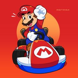 Rule 34 | 1boy, blue eyes, blue overalls, brown footwear, brown hair, car, denim, driving, facial hair, gloves, grin, hand up, hat, highres, kart, long sleeves, looking at viewer, mario, mario (series), mario kart, mario kart 8, mario kart 8 deluxe, motor vehicle, mustache, nintendo, open mouth, overalls, race vehicle, racecar, red background, red hat, red shirt, riding, shirt, shoes, sitting, smile, vinny (dingitydingus), white gloves