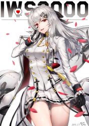Rule 34 | 1girl, arm at side, artist name, baek hyang, black gloves, black panties, blush, bow, breasts, buttons, character name, collared jacket, cowboy shot, cropped jacket, crossed legs, dated, double-breasted, floating hair, frilled sleeves, frills, fringe trim, girls&#039; frontline, gloves, gluteal fold, hair between eyes, hair ornament, hair ribbon, hairclip, half-closed eyes, hand on own face, heart, highres, iws 2000 (girls&#039; frontline), jacket, large breasts, long hair, long sleeves, looking at viewer, medal, military, military uniform, open mouth, panties, pantyshot, petals, pleated skirt, red eyes, ribbon, shirt, sidelocks, silver hair, simple background, skirt, smile, solo, standing, strap, tassel, thighs, underwear, uniform, watson cross, weapon, white background, wind, wind lift
