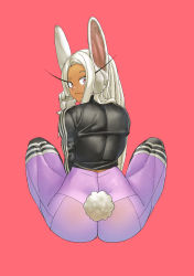 Rule 34 | 1girl, animal ears, ass, boku no hero academia, butt crack, casual, dark-skinned female, dark skin, from behind, full body, highres, jacket, long hair, looking at viewer, looking back, mirko, muscular, muscular female, pants, parted bangs, rabbit ears, rabbit tail, red background, shosho oekaki, sitting, smile, solo, tail, thighs, yoga pants