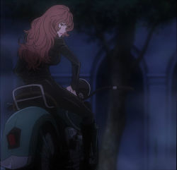 Rule 34 | 1girl, breasts, brown eyes, brown hair, catsuit, highres, large breasts, long hair, lupin iii, lupin iii part 6, mine fujiko, motor vehicle, motorcycle, stitched, third-party edit