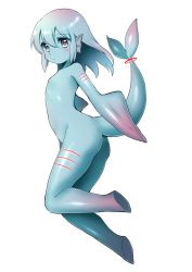 Rule 34 | 1girl, animal ears, blue eyes, blue hair, blue sclera, blue skin, blush, breasts, closed mouth, colored sclera, colored skin, filet (kai himo), fins, from side, full body, gills, gradient hair, hair between eyes, head fins, kai himo, looking at viewer, looking to the side, monster girl, multicolored hair, no feet, no hands, original, pink hair, red pupils, short hair, simple background, small breasts, solo, tail, white background