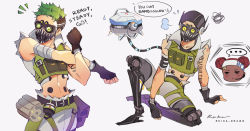 Rule 34 | 1boy, 1girl, absurdres, annoyed, apex legends, brown eyes, cable, collarbone, cropped vest, d.o.c. health drone, dark-skinned female, dark skin, english text, goggles, green hair, green vest, grey shorts, headband, headset, highres, lifeline (apex legends), male focus, mask, mechanical legs, midriff, mouth mask, multiple views, navel, non-humanoid robot, octane (apex legends), red hair, robot, shiro-hane, shorts, sitting, speech bubble, squiggle, stretching, sweatdrop, undercut, vest, white headband