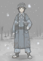 Rule 34 | 1girl, adapted uniform, ascot, belt, blood, blood on face, brown hair, dirty, erica (naze1940), hand on own hip, helmet, highres, md5 mismatch, military, combat helmet, muted color, original, pouch, short hair, sketch, sky, snow, snowing, soldier, solo, stahlhelm, standing, tree, winter clothes, world war ii
