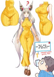 Rule 34 | 1boy, 1girl, absurdres, animal ear fluff, animal ears, armpit crease, bare shoulders, blush, breasts, brown footwear, cat ears, commentary, covered navel, curvy, dress, english commentary, english text, eyelashes, fang, grey hair, highres, holding, holding phone, i am anddo, large breasts, long dress, long hair, multiple views, narrow waist, nia (xenoblade), open mouth, pencil dress, phone, rex (xenoblade), simple background, skin fang, standing, turtleneck, turtleneck dress, very long hair, white background, xenoblade chronicles (series), xenoblade chronicles 2, yellow dress, yellow eyes