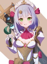 Rule 34 | 1girl, :d, absurdres, armor, ascot, blunt bangs, blush, braid, braided bangs, breasts, cleavage, flower, gauntlets, genshin impact, gespenst (geshu-san), green eyes, grey hair, hair flower, hair ornament, highres, holding, holding flower, looking at viewer, maid headdress, noelle (genshin impact), open mouth, red ascot, red flower, red rose, rose, short hair, shoulder armor, smile, solo, sword, upper body, weapon, weapon on back