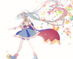 Rule 34 | 1girl, aoi tete, blue cape, blue hair, bow, cape, closed eyes, commentary, confetti, cure sky, detached sleeves, full body, gloves, gradient hair, hirogaru sky! precure, long hair, magical girl, multicolored hair, pink bow, pink hair, precure, puffy detached sleeves, puffy sleeves, solo, sora harewataru, twintails, two-sided cape, two-sided fabric, very long hair, walking, white gloves, wing hair ornament