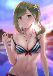 Rule 34 | 1girl, bare arms, bikini, blush, breasts, cleavage, cloud, collarbone, front-tie bikini top, front-tie top, green eyes, green hair, groin, hair ribbon, highres, idolmaster, idolmaster shiny colors, jewelry, lake, long hair, looking at viewer, medium breasts, nanakusa hazuki, navel, necklace, outdoors, ribbon, side-tie bikini bottom, side ponytail, smile, solo, strap pull, striped bikini, striped clothes, sunset, swimsuit, twilight, water, wet, wet clothes, wet swimsuit, yuzuyu (hyui)