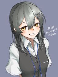 Rule 34 | 1girl, black hair, black vest, blue ribbon, brown eyes, character name, commentary request, dated, grey background, grin, hair ornament, hairclip, highres, kantai collection, looking at viewer, oyashio (kancolle), ribbon, school uniform, shirt, short sleeves, smile, solo, twitter username, umibudou, upper body, vest, white shirt