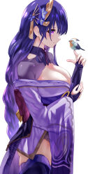 Rule 34 | 1girl, bird, bird on hand, braid, breasts, bridal gauntlets, closed mouth, from side, genshin impact, hair between eyes, hands up, highres, japanese clothes, kimono, large breasts, long hair, long sleeves, low-braided long hair, low-tied long hair, mole, mole under eye, nail polish, profile, purple eyes, purple hair, purple kimono, purple nails, raiden shogun, shrug (clothing), simple background, thighhighs, thighs, uenoryoma, underbutt, very long hair, white background, wide sleeves