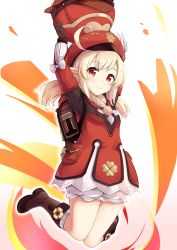 Rule 34 | 1girl, adda, ahoge, arms up, beret, blonde hair, bloomers, boots, bow, brown footwear, brown gloves, child, closed mouth, commentary request, dress, full body, genshin impact, gloves, hat, highres, klee (genshin impact), knees together feet apart, long hair, looking at viewer, pointy ears, red dress, red eyes, red hat, smile, solo, twintails, underwear, white bow