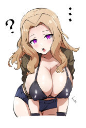 Rule 34 | ..., 1girl, ?, alternate eye color, artist name, batta 16-sei, bent over, bikini, bikini top only, black bikini, black gloves, blonde hair, blue shorts, blush, breasts, brown jacket, cleavage, commentary, covered erect nipples, cowboy shot, frown, girls und panzer, gloves, hair intakes, half-closed eyes, halterneck, highres, huge breasts, jacket, kay (girls und panzer), large breasts, leaning forward, looking at viewer, medium hair, micro shorts, open clothes, open jacket, open mouth, purple eyes, shorts, signature, simple background, solo, standing, swimsuit, white background