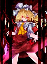 Rule 34 | 1girl, blonde hair, blouse, closed mouth, collared shirt, crystal, flandre scarlet, hair between eyes, hat, highres, jewelry, looking at viewer, mob cap, multicolored wings, red eyes, shirt, smile, solo, spread legs, standing, touhou, vivo (vivo sun 0222), white hat, white shirt, wings
