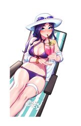 Rule 34 | 1girl, bare shoulders, bikini, black hair, blush, blushyspicy, bracelet, breasts, caitlyn (league of legends), cleavage, cup, drinking straw, drinking straw in mouth, holding, holding cup, jewelry, large breasts, league of legends, long hair, navel, pool party caitlyn, purple bikini, shiny skin, shirt, sitting, smile, stomach, sunglasses, swimsuit, thighlet, white headwear, white shirt