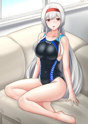 Rule 34 | 1girl, alternate costume, barefoot, black one-piece swimsuit, breasts, brown eyes, competition swimsuit, covered navel, grey hair, headband, highleg, highleg swimsuit, highres, kantai collection, large breasts, legs, long hair, looking at viewer, one-piece swimsuit, red headband, shoukaku (kancolle), sitting, solo, swimsuit, toenails, toes, very long hair, wata nuki, yokozuwari